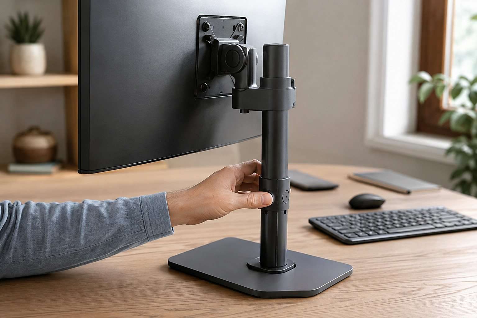 Mano ajustando el soporte giratorio de un monitor